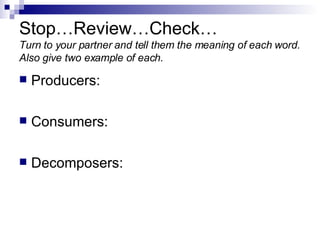 Stop…Review…Check… Turn to your partner and tell them the meaning of each word. Also give two example of each. Producers: Consumers: Decomposers:  