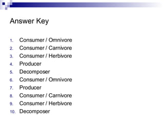 Answer Key Consumer / Omnivore Consumer / Carnivore Consumer / Herbivore Producer Decomposer Consumer / Omnivore Producer Consumer / Carnivore Consumer / Herbivore Decomposer 