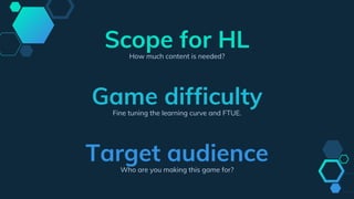 Scope for HLHow much content is needed?
Target audienceWho are you making this game for?
Game difficultyFine tuning the learning curve and FTUE.
 