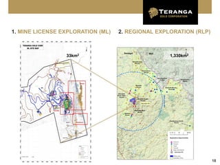 1. MINE LICENSE EXPLORATION (ML)   2. REGIONAL EXPLORATION (RLP)



                 33km2                             1,330km2




                                                                   18
 