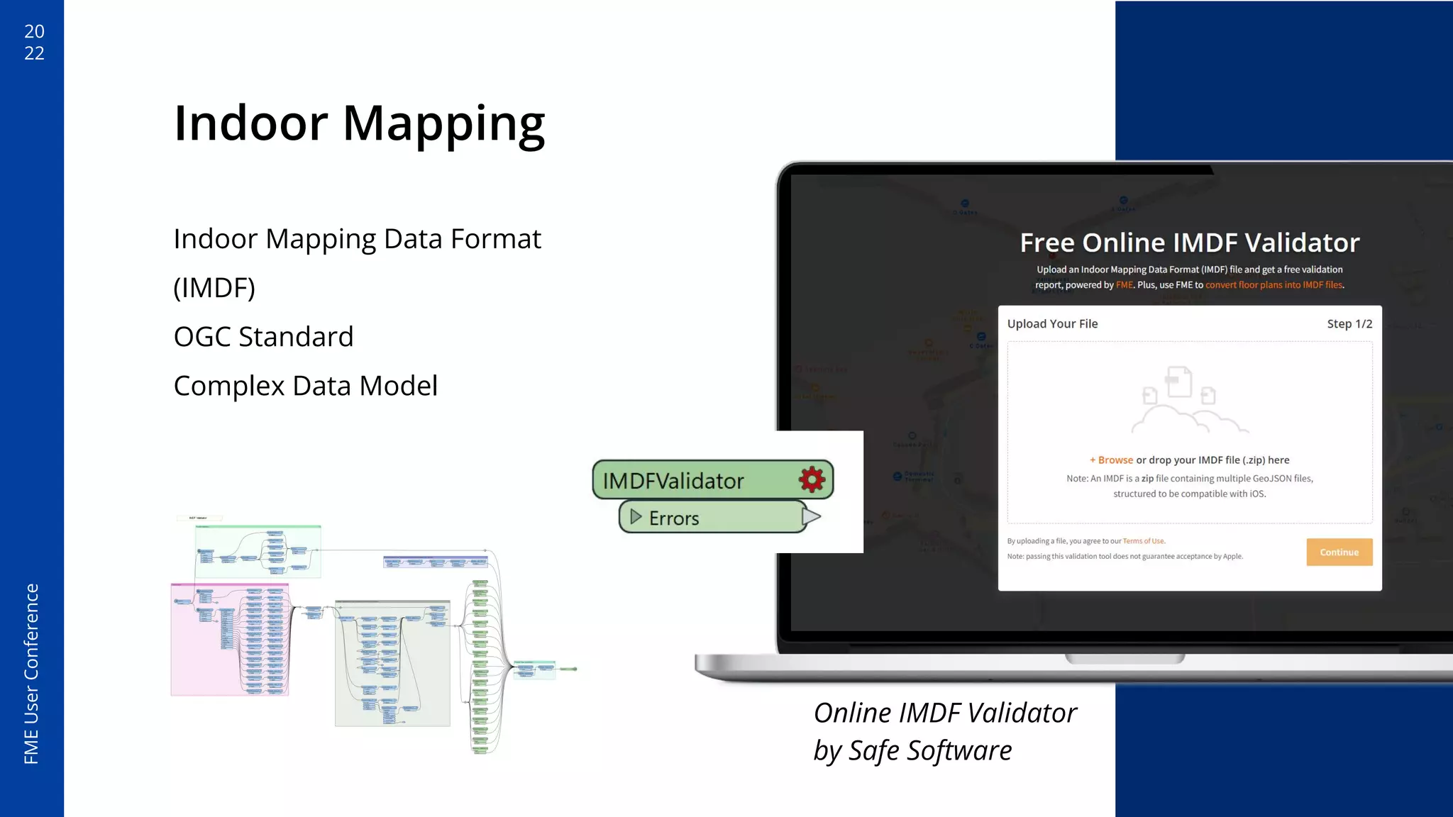 20
22
FME
User
Conference
Indoor Mapping
Indoor Mapping Data Format
(IMDF)
OGC Standard
Complex Data Model
Online IMDF Validator
by Safe Software
 