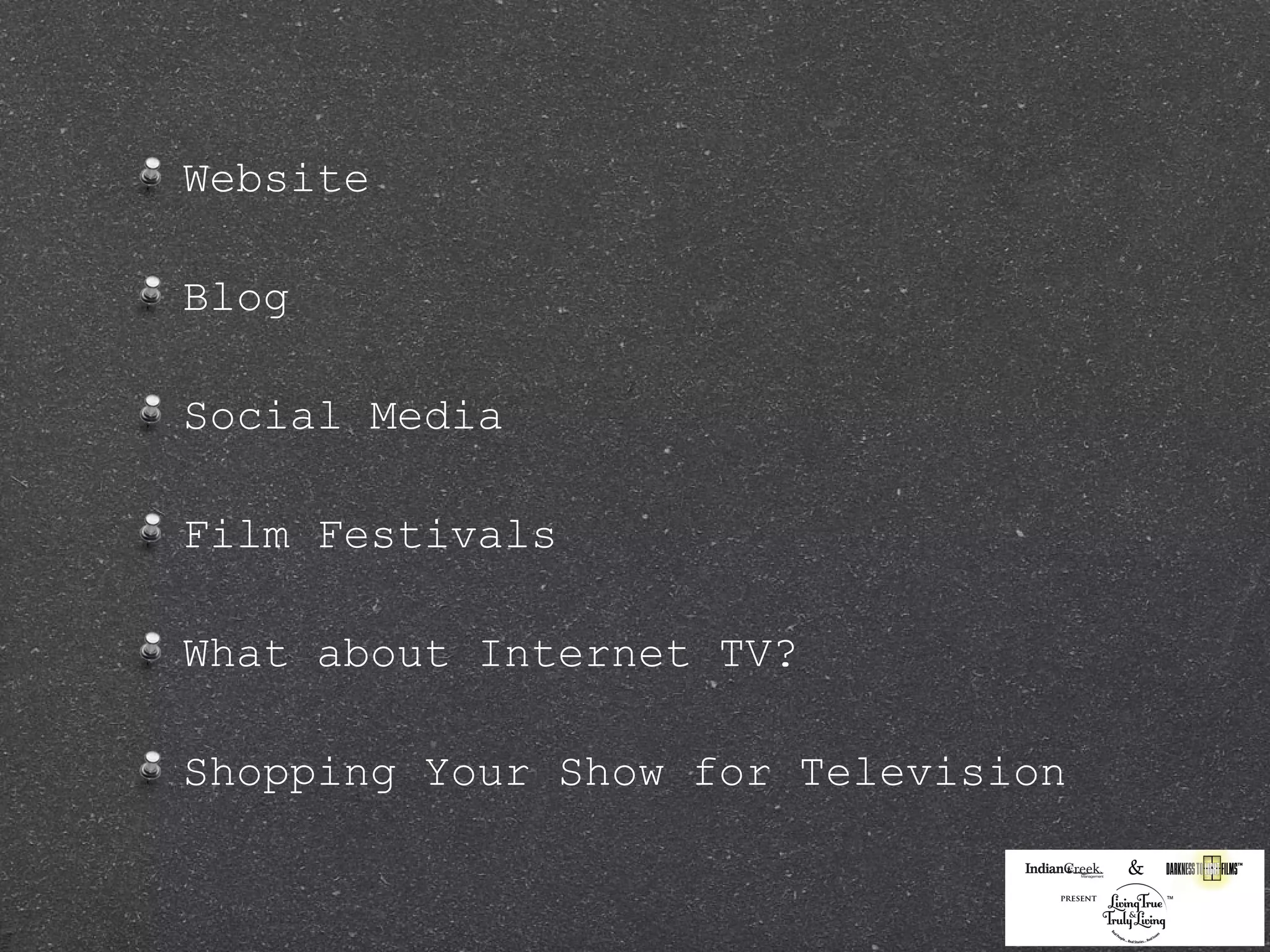 Website

Blog

Social Media

Film Festivals

What about Internet TV?

Shopping Your Show for Television
 