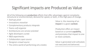 Significant impacts are Produced as Value
All of the following are production efforts that offer advantages against complexity
(structural or environmental), demand for speed, or both, in the high pace of change.
• Startups pivot
• Innovations monetize
• Complementary products integrate
• Teams self-organize
• Architectures are service-oriented
• Agile developers curate
• R&D experiments
• Collaborators open source
• Designers crowd source
• The entire world of performing arts creates
Value is: the meaning of an
impact in a given context.
Production offers an impact
based on a current capability,
and promotes that impact to one
or more contexts.
Value is generated and cultivated,
not executed and delivered.
 