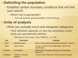  Delimiting the population
 Establish certain boundary conditions that will limit
your search.
 Which one is appropriate?
 This will limit the generalizability of the findings.
 Units of analysis
 What you actually count and assigned categories.
 Their definition depends on how the variable(s) under
study are operationally defined.
 Barelson’s five major units (Table 8.1 p.178):
Unit Description Example
Word Manifest content Nouns, Proper names, Utterances (for example, “uh-huh”)
Theme Latent content An idea, concept or thesis (Self-esteem, Democracy)
(Subthemes)
Character An individual Male/Female, Occupation, Ethnicity (Communicative
behaviors)
Time/Space Physical or temporal
measure
Column inches, Type size, Air time provided a program
 