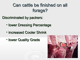 Can cattle be finished on all
forage?
Discriminated by packers:
• lower Dressing Percentage
• increased Cooler Shrink
• lower Quality Grade

 
