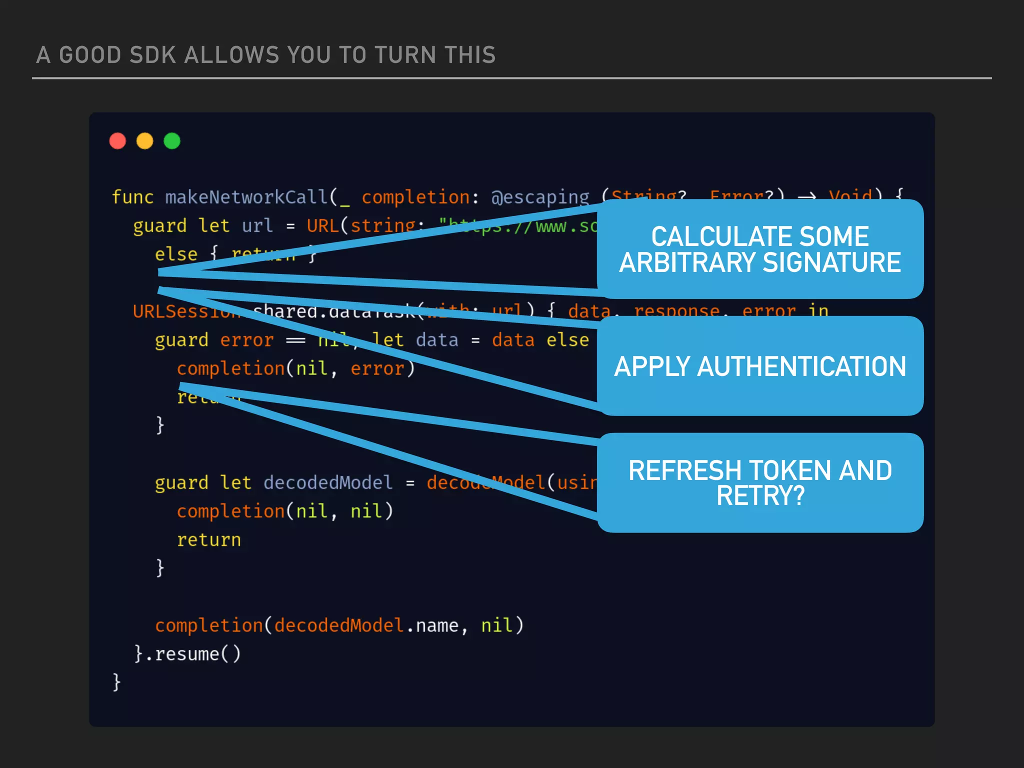 A GOOD SDK ALLOWS YOU TO TURN THIS
CALCULATE SOME
ARBITRARY SIGNATURE
APPLY AUTHENTICATION
REFRESH TOKEN AND
RETRY?
 