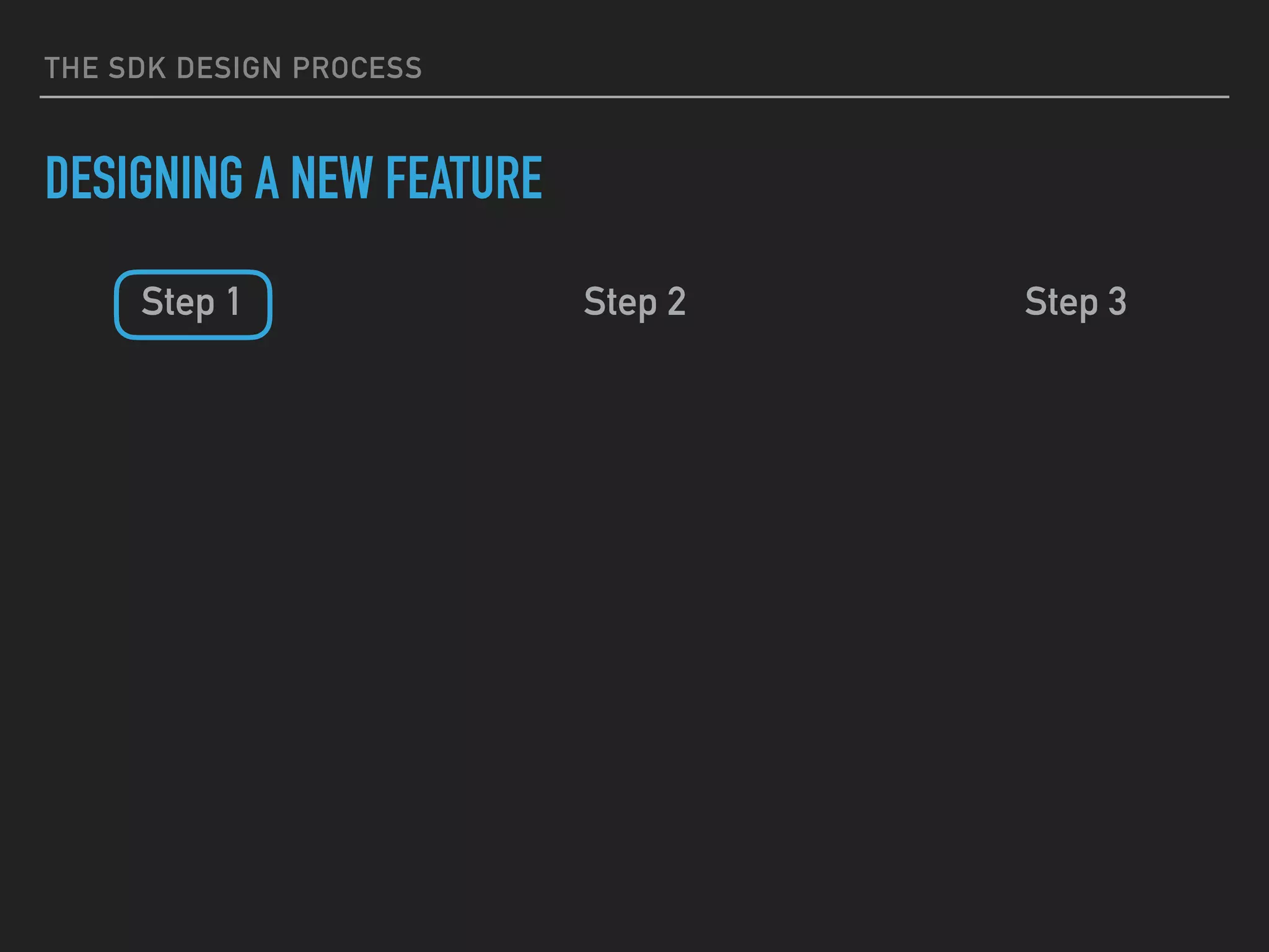 THE SDK DESIGN PROCESS
DESIGNING A NEW FEATURE
Step 1 Step 2 Step 3
 