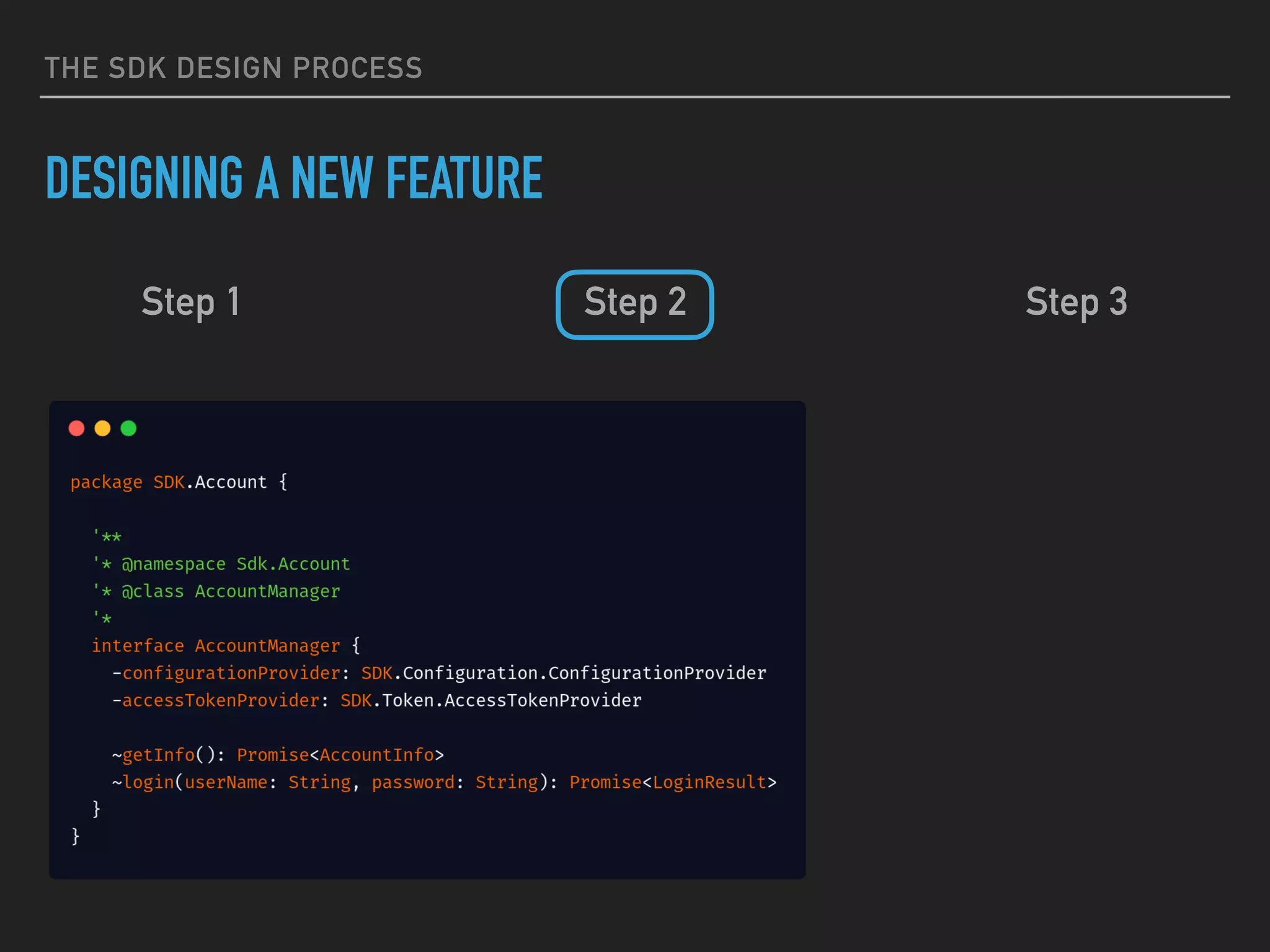 THE SDK DESIGN PROCESS
DESIGNING A NEW FEATURE
Step 1 Step 2 Step 3
 