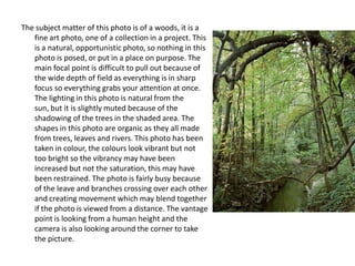 The subject matter of this photo is of a woods, it is a
fine art photo, one of a collection in a project. This
is a natural, opportunistic photo, so nothing in this
photo is posed, or put in a place on purpose. The
main focal point is difficult to pull out because of
the wide depth of field as everything is in sharp
focus so everything grabs your attention at once.
The lighting in this photo is natural from the
sun, but it is slightly muted because of the
shadowing of the trees in the shaded area. The
shapes in this photo are organic as they all made
from trees, leaves and rivers. This photo has been
taken in colour, the colours look vibrant but not
too bright so the vibrancy may have been
increased but not the saturation, this may have
been restrained. The photo is fairly busy because
of the leave and branches crossing over each other
and creating movement which may blend together
if the photo is viewed from a distance. The vantage
point is looking from a human height and the
camera is also looking around the corner to take
the picture.

 