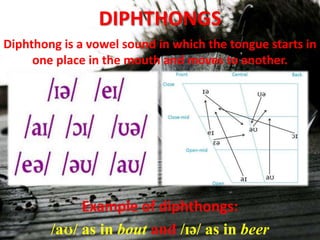 DIPHTHONGS
Diphthong is a vowel sound in which the tongue starts in
one place in the mouth and moves to another.

Example ...