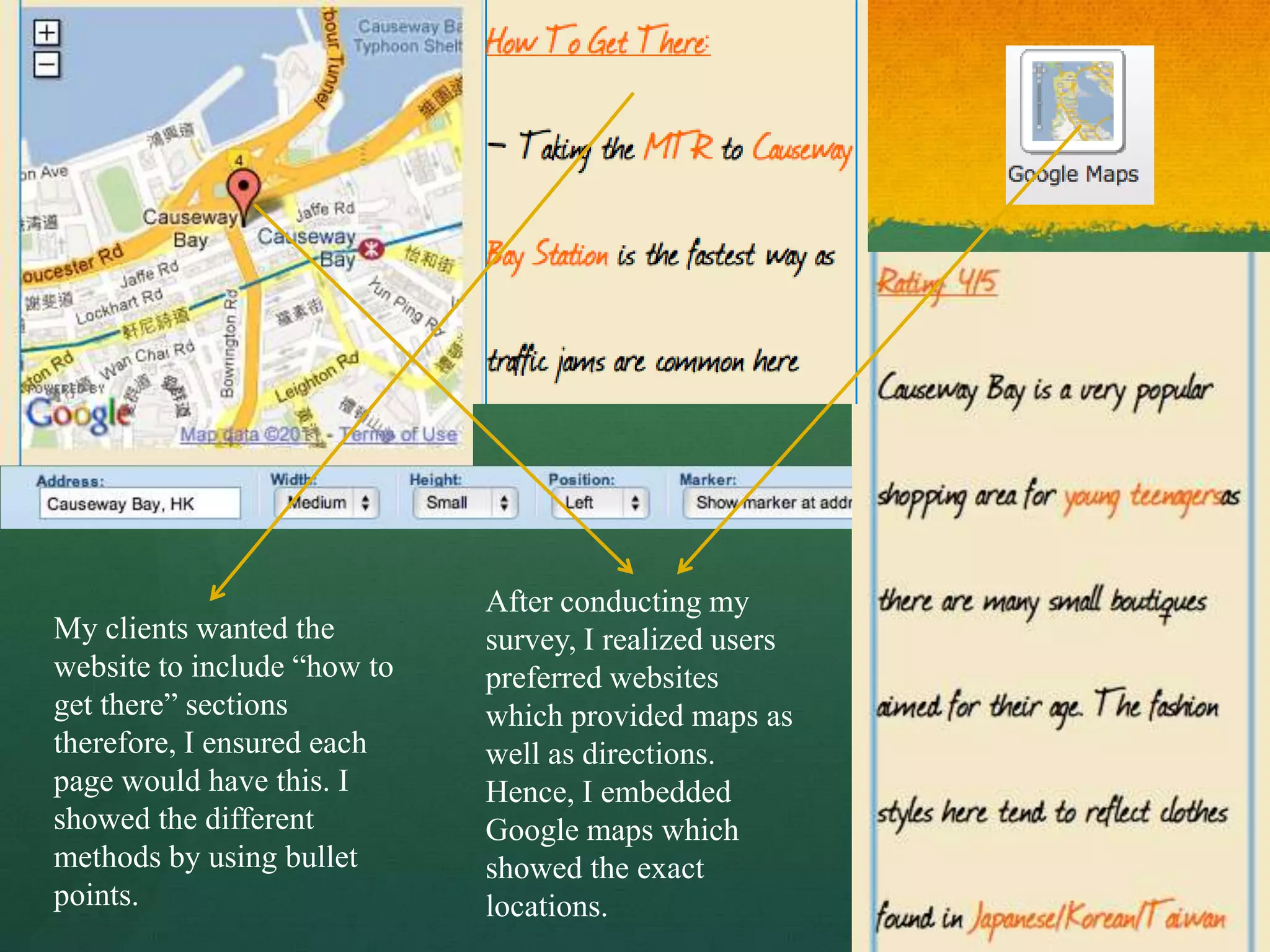 After conducting my
My clients wanted the        survey, I realized users
website to include “how to   preferred websites
get there” sections          which provided maps as
therefore, I ensured each    well as directions.
page would have this. I      Hence, I embedded
showed the different         Google maps which
methods by using bullet      showed the exact
points.                      locations.
 