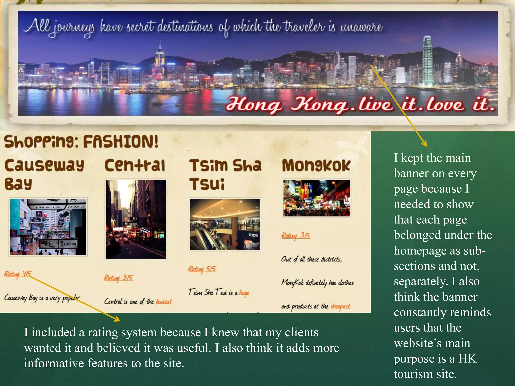 I kept the main
                                                                  banner on every
                                                                  page because I
                                                                  needed to show
                                                                  that each page
                                                                  belonged under the
                                                                  homepage as sub-
                                                                  sections and not,
                                                                  separately. I also
                                                                  think the banner
                                                                  constantly reminds
I included a rating system because I knew that my clients         users that the
wanted it and believed it was useful. I also think it adds more   website’s main
informative features to the site.                                 purpose is a HK
                                                                  tourism site.
 