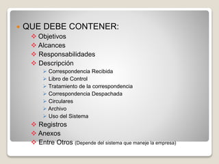  QUE DEBE CONTENER:
 Objetivos
 Alcances
 Responsabilidades
 Descripción
 Correspondencia Recibida
 Libro de Control
 Tratamiento de la correspondencia
 Correspondencia Despachada
 Circulares
 Archivo
 Uso del Sistema
 Registros
 Anexos
 Entre Otros (Depende del sistema que maneje la empresa)
 