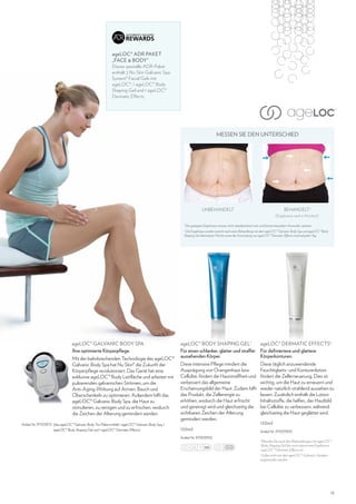 ageLOC® ADR PAKET
„FACE  BODY“

Dieses spezielle ADR-Paket
enthält 2 Nu Skin Galvanic Spa
System® Facial Gels mit
ageLOC®, 1 ageLOC® Body
Shaping Gel und 1 ageLOC®
Dermatic Effects.

MESSEN SIE DEN UNTERSCHIED

UNBEHANDELT

BEHANDELT1
(Ergebnisse nach 6 Wochen)2

1

Die gezeigten Ergebnisse müssen nicht charakteristisch sein und können bei jedem Anwender variieren.

Die Ergebnisse wurden erreicht nach einer Behandlung mit dem ageLOC® Galvanic Body Spa und ageLOC® Body
Shaping Gel dreimal pro Woche sowie die Anwendung von ageLOC® Dermatic Effects zweimal jeden Tag.
2

ageLOC® Galvanic Body Spa
Ihre optimierte Körperpflege.
Mit der bahnbrechenden Technologie des ageLOC®
Galvanic Body Spa hat Nu Skin® die Zukunft der
Körperpflege revolutioniert. Das Gerät hat eine
exklusive ageLOC® Body Leitfläche und arbeitet mit
pulsierenden galvanischen Strömen, um die
Anti-Aging-Wirkung auf Armen, Bauch und
Oberschenkeln zu optimieren. Außerdem hilft das
ageLOC® Galvanic Body Spa, die Haut zu
stimulieren, zu reinigen und zu erfrischen, wodurch
die Zeichen der Alterung gemindert werden.
Artikel-Nr. 97103972  das ageLOC® Galvanic Body Trio Paket enthält 1 ageLOC® Galvanic Body Spa, 1
(
ageLOC® Body Shaping Gel und 1 ageLOC® Dermatic Effects)

ageLOC® Body Shaping Gel1
ageLOC® Dermatic Effects2
Für einen schlanker, glatter und straffer Für definiertere und glattere
aussehenden Körper.
Körperkonturen.
Diese intensive Pflege mindert die
Ausprägung von Orangenhaut bzw.
Cellulite, fördert die Hautstraffheit und
verbessert das allgemeine
Erscheinungsbild der Haut. Zudem hilft
das Produkt, die Zellenergie zu
erhöhen, wodurch die Haut erfrischt
und gereinigt wird und gleichzeitig die
sichtbaren Zeichen der Alterung
gemindert werden.
150ml
Artikel-Nr. 97003902

Diese täglich anzuwendende
Feuchtigkeits- und Konturenlotion
fördert die Zellerneuerung. Dies ist
wichtig, um die Haut zu erneuern und
wieder natürlich strahlend aussehen zu
lassen. Zusätzlich enthält die Lotion
Inhaltsstoffe, die helfen, das Hautbild
bei Cellulite zu verbessern, während
gleichzeitig die Haut geglättet wird.
150ml
Artikel-Nr. 97003903
Wenden Sie nach den Behandlungen mit ageLOC®
Body Shaping Gel für noch intensivere Ergebnisse
ageLOC® Dermatic Effects an.

1

2
Sollte nicht mit den ageLOC® Galvanic Geräten
angewendet werden.

15

 