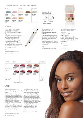 custom colour desired effects eye shadow
KÜHL

WARM

NEUTRAL
Defining Effects

Smoke*
97160221

Shell*
97160202

French Vanilla*
97160211

Slate Grey*
97160220

Azalea Pink*
97160205

Espresso*
97160217

Smooth Eye Liner

Pearl Green*
97160218

Sandy Gold*
97160215

Coffee Bean*
97160702
warm

* Solange der Vorrat reicht.

Jet Black*
97160701
neutral

* Solange der Vorrat reicht.

AUGEN
Custom Colour Desired
Effects Eye Shadow 1
Für noch mehr Ausdruckskraft Ihrer
Augen.

Defining Effects
Smooth Eye Liner
Seidig-zart für einen perfekten
Lidstrich.

Dieser nicht verblassende, sich nicht in
den Augenfältchen absetzende
Lidschatten enthält Jojoba und
Mikropuder, die für geschmeidige
Konsistenz und harmonische
Farbübergänge sorgen. Sie können
aus einer ganzen Reihe von individuell
kombinierbaren, samtig-zarten
Schattierungen wählen.

Dank der cremig-zarten Textur ist
dieser Eyeliner einfach aufzutragen,
damit Ihnen jeder Lidstrich und
Make-up-Effekt gelingt: exakte,
präzise Lidstriche, weiche Linien mit
sanften Übergängen oder sinnliche
„Smoky Eyes“.
1,13g
Die Artikelnummer finden Sie in der Grafik.

7g
Die Artikelnummer finden Sie in der Grafik.
Klickbox separat erhältlich.

1

LIPPEN

KÜHL

WARM

NEUTRAL

Petal Pink*
97160102

Antique Rose*
97160105

Champagne Kisses* Brandy*

97160112

97160114

Flushed*
97160106

Replenishing
Lipstick

Berry Glaze*
97160108

Cha Cha Red*
97160119

Sunset*
97160115

Contouring
Lip Gloss

Crystal Clear*
97160902

* Solange der Vorrat reicht.

LIPPEN
Replenishing Lipstick
Unwiderstehliche, jünger aussehende
Lippen.
Verführerisch schöne Lippen schenkt
Ihnen dieser samtweiche Lippenstift:
Er zeichnet sich durch eine reichhaltige
Zusammensetzung aus, bröckelt nicht
und setzt sich nicht in den
Lippenfältchen ab. Zudem sorgt er mit
Hydroxytyrosol für zusätzlichen
Schutz. Der patentierte Inhaltsstoff
liefert dem Lippengewebe einen
wirksamen antioxidativen Schutz und
wertvolle Aufbaupflege, und verleiht
Ihnen so geschmeidig glatte,
jugendlich aussehende Lippen.
4g

14,16g
Die Artikelnummer finden Sie in der Grafik.

Die Artikelnummer finden Sie in der Grafik.

42

Contouring Lip Gloss
Für vollere, schön definierte Lippen.
Dieses lang haftende Lipgloss mit
spekatulärem Glanz verleiht Ihren
Lippen mit einer Oligopeptid-Technologie mehr Definition und vollere
Konturen, besonders im Bereich des
Lippenbogens. Klinischen Nachweisen
zufolge stimuliert dieses Peptid die
Kollagenproduktion und verhilft Ihnen
so zu wohlgeformten, jugendlich
vollen Lippen. Sie können das Lipgloss
direkt auf Ihren Lippen oder über
Ihrem bevorzugten Nu Colour®
Replenishing Lipstick tragen.

www.nuskin.com

Custom Colour Desired
Effects Eye Shadow
Compact2
Jederzeit ein perfektes
Augen-Make-up.
In dieser Klickbox haben Sie Ihre
beiden Lieblingsfarbtöne von Custom
Colour Desired Effects Eye Shadow
immer bei sich.
1 Stück
Artikel-Nr. 97102756
Nachfüllpuder separat erhältlich.

2

 