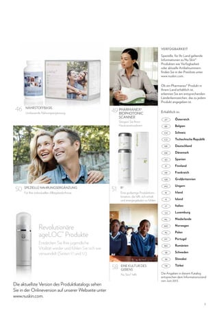 VERFÜGBARKEIT

Spezielle, für Ihr Land geltende
Informationen zu Nu Skin®
Produkten wie Verfügbarkeit
oder aktuelle Artikelnummern
finden Sie in der Preisliste unter
www.nuskin.com.
Ob ein Pharmanex® Produkt in
Ihrem Land erhältlich ist,
erkennen Sie am entsprechenden
Länderkennzeichen, das zu jedem
Produkt angegeben ist.

46

NÄHRSTOFFBASIS
Umfassende Nahrungsergänzung.

49 pharmanex®
bioPhotonic
Scanner

Erhältlich in:
AT

Österreich

BE

Belgien

CH

Schweiz

CZ

Tschechische Republik

DE

Deutschland

DK

Dänemark

ES

Spanien

FI

Finnland

FR

Frankreich

GB

Großbritannien

r2

HU

Ungarn

Eine großartige Produktkombination, die hilft, sich erholt
und energiegeladen zu fühlen.

IE

Irland

IS

Island

IT

Italien

LU

Luxemburg

NL

Niederlande

NO

Norwegen

Steigern Sie Ihren
Hautcarotinoidwert.

50

SPEZIELLE NAHRUNGSERGÄNZUNG
Für Ihre individuellen Alltagsbedürfnisse.

51

Revolutionäre
ageLOC® Produkte

PL
PT

Nu Skin® hilft.

Die aktuellste Version des Produktkatalogs sehen
Sie in der Onlineversion auf unserer Webseite unter
www.nuskin.com.

Schweden

SK

EINE KULTUR DES
GEBENS

Rumänien

SE

58

Portugal

RO

Entdecken Sie Ihre jugendliche
Vitalität wieder und fühlen Sie sich wie
verwandelt (Seiten 17 und 51).

Polen

Slowakei

TR

Türkei

Die Angaben in diesem Katalog
entsprechen dem Informationsstand
von Juni 2013.

3

 