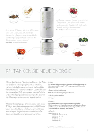 Granatapfel

Ginseng

Co
rd

yceps

si
sinen

„Ich bin den ganzen Tag auf einem hohen
Energielevel. Und selbst nach einem
anstrengenden Tag kann ich mich auch
abends noch gut konzentrieren.“

s

„Ich nehme R2 bereits seit über 4 Monaten
und kann sagen, dass ich, als ich die
Anwendung begann, eine riesige Welle
der Energie gespürt habe - das war der
Beginn eines neuen Lebens.”

Doris Postelt, Diamond Executive, Deutschland

Elena Leonova, Blue Diamond Executive, Russland

Brok
n
kolisame

Traubenkern

Blutorange

Selen

R2 - TANKEN SIE NEUE ENERGIE
Mit der Zeit lässt die Fähigkeit des Körpers, die Zellen
vor oxidativer Schädigung effizient zu schützen,
nach und die Zellen sammeln immer mehr zelluläre
Abfallstoffe und Nebenprodukte an. Das Nachlassen
der körperlichen Kraft, verminderte mentale Schärfe
und der Rückgang der Libido sind typische Zeichen
der Alterung – wir nennen dies Vitalitätsverlust.
Möchten Sie sich jünger fühlen? Sie sind nicht allein.
2
R Night wird abends eingenommen und hilft Ihnen,
2
jeden Tag erfrischt und erholt zu beginnen. R Day
wird morgens eingenommen und unterstützt Sie
dabei, sich tagsüber energiegeladen zu fühlen.

R 2 DAY*
R 2 Day bietet eine hervorragende Kombination an Hauptinhaltsstoffen wie
Cordyceps sinensis, Granatapfel und Panax ginseng, die auf folgende drei
Dimensionen zielt:
• Steigert die körperliche Leistung
• Hilft, die mentale Leistungsfähigkeit zu bewahren
• Hilft, die Libido zu bewahren
180 Kapseln
R 2 NIGHT*
R 2 Night enthält eine Kombination aus sorgfältig ausgewählten
Pflanzenextrakten: rote Orange, Brokkolisamen und Traubenkern. Zudem
enthält es Selen, ein Mineral mit vielen positiven Eigenschaften, das zum
Schutz der Zellen vor oxidativem Stress beiträgt.
60 Kapseln
Artikel-Nr.  5283901 CZ - ES
8
85883901 DE - AT - BE - LU - FR - NL
85893901 DK - GB - IE - SE
85153901 PT
85433901 RO - SK - HU
40003901 RU - UA

*ageLOC® R2 Day und ageLOC® R2 Night sind nur zusammen erhältlich.

51

 