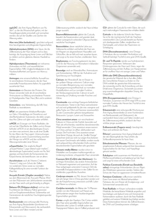 ageLOC®: die Anti-Aging-Plattform von Nu
Skin®, zu der die Wissenschaft gehört, mit der
Hautpflegeprodukte entwickelt und vermarktet
werden, die auf die Quellen und Zeichen der
Alterung zielen.
Aloe vera (Aloe barbadensis) : geschätzt aufgrund
ihrer beruhigenden und pflegenden Eigenschaften.
Alphahydroxysäure (AHA): eine Säure, die die
Zellerneuerung der Haut steigert und so dazu
beiträgt, die Ausprägung feiner Linien und Fältchen
zu mildern und ein glatteres, klareres Hautbild zu
fördern.
Alphaliponsäure (Thioctsäure): ein wirksames
Antioxidans mit fett- und wasserlöslichen
Eigenschaften. Hilft, Ungleichmäßigkeiten in der
Hautbeschaffenheit und Spuren von Akne zu
mildern.
Aminogen: eine wissenschaftliche Auswahl aus
16 verschiedenen Aminosäuren, die der Haut
essentielle Proteinbausteine liefern, für jugendlich
aussehende Haut.
Aminosäure: ein Baustein des Proteins. Der
Körper verwendet mehr als 20 verschiedene
Aminosäuren zur Bildung verschiedener Proteine
im Muskelgewebe, Haar, Haut, Blut und in anderen
Geweben.
Antioxidans: eine Verbindung, die hilft, freie
Radikale zu neutralisieren.
AP24®: ein patentierter Inhaltsstoffkomplex
zur Zahn-/ Mundpflege mit Dimethicon und
oberflächenaktiven Substanzen, die dafür sorgen,
dass Ihre Zähne sich glatt und sauber anfühlen.
arNOX: ein Erzeuger von freien Radikalen, der
sich auf der Oberfläche der Zellen und im Körper
befindet. arNOX ist ein altersbedingtes Enzym,
von dem man annimmt, dass es als eine Quelle
für das Altern der Haut agiert. Untersuchungen
zufolge gibt es einen Zusammenhang zwischen
der Menge von arNOX und den sichtbaren
Alterungsmerkmalen einer Person.
arSuperMarker: Der englische Begriff
„arSuperMarkers“ („age-related super markers“,
altersbedingte Supermarker) wurde von Nu Skin®
geprägt und beschreibt die Komponenten der
Körperchemie, die beeinflussen, wie wir altern.
Ascorbinsäure: auch als Vitamin C bekannt.
Vitamin C trägt zum Schutz der Zellen
vor oxidativem Stress sowie zur normalen
Kollagenbildung für eine normale Funktion der
Haut bei.
Ava puhi-Extrakt (Zingiber zerumbet): Nektar
aus dem Blütenstand der Ava puhi-Pflanze. Wird
von den Polynesiern seit Jahrhunderten verwendet,
um das Haar weich und geschmeidig zu pflegen.
Babassu-Öl (Orbignya oleifera): wird aus den
Fruchtkernen der Babassu-Palme gewonnen
und von Eingeborenenkulturen Südamerikas seit
Generationen als natürlicher Feuchtigkeitsspender
verwendet.
Bambusextrakt: eine wirkungsvolle Mischung
aus Anti-Aging-Bestandteilen (kombiniert mit
Erbsenextrakt und Glucosamin), die nachweislich
feine Linien und Falten mindert und die
58

www.nuskin.com

Zellerneuerung erhöht, wodurch die Haut sichtbar
jünger aussieht.

CS7: glättet die Cuticula für mehr Glanz, der auch
nach mehrmaligem Haarewaschen erhalten bleibt.

Baumwollblütenextrakt: glättet die Cuticula,
bewahrt die Keratinstruktur und spendet dank
sieben synergistisch-wirkenden Oligosacchariden
natürliche Feuchtigkeit.

Cuticula: ist die äußerste Schicht des Haares.
Sie ist für die mechanische Kraft der Haarfaser
verantwortlich. Die Cuticula besteht aus flachen,
sich überlappenden Zellen, vergleichbar mit
Dachziegeln, und schützt das Haarinnere vor
Schädigung.

Bentonitlehm: dieser natürliche Lehm aus
Vulkanasche exfoliert und befreit die Haut wie
ein Magnet von abgestorbenen Hautzellen und
Giftstoffen, die sie fahl und matt aussehen lassen,
und sorgt so für einen frischen, strahlenden Teint.
Biophotonics: ein Forschungsbereich, bei dem
Licht für die Messung von Biomarkern in lebenden
Organismen verwendet wird.
Braunalge: reich an Mineralstoffen, Aminosäuren
und Antioxidantien. Hilft bei der Aufnahme und
Speicherung von Feuchtigkeit.
Calcium: der Mineralstoff, der im Körper in
der größten Menge vorkommt. Calcium trägt
zur normalen Blutgerinnung, zum normalen
Energiegewinnungsstoffwechsel, zur normalen
Muskelfunktion und zur normalen Funktion
der Verdauungsenzyme bei. Calcium ist auch
notwendig zur Erhaltung normaler Knochen und
Zähne.
Carotinoide: eine wichtige Kategorie fettlöslicher
Antioxidantien. Treten in der Natur weitverbreitet
auf und sind größtenteils für die rote, orangene und
gelbe Farbe von Obst und Gemüse verantwortlich.
Zu den Carotinoiden gehören beispielsweise
Betacarotin, Lycopin, Lutein und Astaxanthin.
Citrus aurantium amara: von verschiedenen
Kulturen in China und der Karibik, besonders auf
Haiti, als erfrischendes, natürliches desodorierendes
Mittel verwendet. Citrus aurantium amara stammt
aus China und kam im elften Jahrhundert nach
Europa. Die Frucht des Citrus aurantium amara
(eine kleine Orange, die auch als „Sevilla-Orange“
bezeichnet wird) war nicht nur wegen ihres leckeren
süß-sauren Geschmacks sehr beliebt, sondern wurde
auch aufgrund ihres erfrischenden Dufts und ihrer
desodorierenden Eigenschaften sehr geschätzt.
Clematis vitalba-Blätter: wurden schon im
Mittelalter von Europäern traditionsgemäß zur
Linderung trockener, schuppender Haut verwendet.
Coenzym Q10 (CoQ10 oder Ubichinon): Ein
wichtiges Antioxidans, das andere Antioxidantien
im Netzwerk regeneriert und unterstützt. Auf der
Haut aufgetragen unterstützt Coenzym Q10 die
essentielle Energieproduktion in den Zellen für ein
strahlendes, jugendliches Aussehen.

DHA (Docosahexaensäure): eine Omega3-Fettsäure, die zur normalen Hirnfunktion und
Sehkraft beiträgt. Fischöl ist eine gute DHA-Quelle.
Di- und Tri-Peptide: werden aus hydrolysiertem
Reisprotein gewonnen. Verbessern den
Erholungsprozess der Haut nach Stress, regen die
Zellerneuerung und den Aufbau von Hautproteinen
an für straffere Haut mit weniger Linien und Falten.
DNA oder DNS (Desoxyribonukleinsäure):
das genetische Material, das in fast allen Zellen
des menschlichen Körpers zu finden ist. Die
DNA enthält die genetischen Informationen,
die notwendig sind für die Entwicklung und den
Erhalt eines Organismus. Sie besteht aus einem
eng zusammenliegenden doppelten Strang, der
Doppelhelix.
EPA (Eicosapentaensäure): eine Omega-3Fettsäure. Zusammen mit DHA trägt EPA zu einer
normalen Funktion des Herzen bei. Fischöl ist eine
gute EPA-Quelle.
Erbsenextrakt: eine wirkungsvolle Mischung aus
Anti-Aging-Bestandteilen (in einer Kombination
mit Bambusextrakt und Glukosamin), die
nachweislich feine Linien und Falten mindert und
die Zellerneuerung erhöht, wodurch die Haut
sichtbar jünger aussieht.
Erdbeerextrakt (Fragaria vesca) : beruhigt die
Haut und verfeinert die Poren.
Ethocyn®: patentierter Anti-Aging-Inhaltsstoff,
der den Elastingehalt der Haut erhöht, die
Schlüsselkomponente für feste Haut.
Ethnobotanische Pflanzen: Pflanzen, die von
eingeborenen Kulturen aufgrund ihrer besonderen
Eigenschaften für die Haut- und Haarpflege
genutzt werden.
Eukalyptus: wirkt zusammen mit Menthol und
Pfefferminzöl kühlend und belebend auf die Haut
und sorgt für einen erfrischenden Duft.
Farblose Carotinoide (Extrakt aus Dunaliella
salina): einzigartige Antioxidantien, die aus Algen
des Mittelmeers gewonnen werden. Stärken den
Schutz der Haut vor aggressiven Umwelteinflüssen.

Cordyceps sinensis: ein Pilz, dessen Vorteile schon
seit sehr langer Zeit in China geschätzt werden und
der die Körperformung unterstützt und hilft, Leber
und Nieren zu schützen.

Fettsäure-Cetylester: vollkommen natürliche
Ester-Form einer mit Alkohol behandelten
Fettsäure, die vom Körper als Emulgierungs- und
Schmiermittel verwendet wird.

Cordyline terminalis: die Blätter der Ti-Pflanzen
werden von den Polynesiern auf Hawaii seit
Jahrhunderten wegen ihrer hautberuhigenden
Eigenschaften geschätzt.

Freie Radikale: im Körper vorhandene instabile
Moleküle, die benachbarte Moleküle angreifen und
beschädigen und dadurch eine sich fortsetzende
Kettenreaktion auslösen, durch die freie Radikale
gebildet und weitere Moleküle beschädigt werden.
Diese Kettenreaktion können die Zellmembranen,
die DNA und Gewebeproteine schädigen.

Cortex: umgibt den Haarkern. Der Cortex verleiht
dem Haar seine speziellen Eigenschaften wie
Elastizität oder Locken. Er enthält zudem das
Haarpigment Melanin, das im Follikel produziert wird.

 