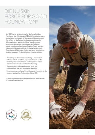 DIE NU SKIN
FORCE FOR GOOD
FOUNDATION®
Seit 1996 hat die gemeinnützige Nu Skin Force for Good
Foundation® über 25 Millionen US$ für Hilfsprojekte eingesetzt,
um das Leben von Kindern auf der ganzen Welt zu verbessern.
Da Nu Skin® für alle Personal- und Verwaltungskosten der
Stiftung aufkommt, werden 100% der Spenden unserer
großzügigen Vertriebspartner sowie aus den Verkäufen
unserer ethnobotanischen Körperpflegelinie Epoch® und dem
Nahrungsprodukt VitaMeal direkt für die Verbesserung von
Gesundheit und Bildung von Kindern und deren wirtschaftliche
Situation eingesetzt. Zu den wichtigsten Projekten gehören:
•  erbreitung des Wissens über nachhaltige Landwirtschaft
V
in Malawi mithilfe der SAFI-Landwirtschaftsschule für die
Unabhängigkeit von Familien im Mtalimanja-Dorf und der
„Seeds of Hope“-Initiative zur Wiederaufforstung.
•  ersorgung von Kindern auf Inseln mit Schul- und
V
Lernmaterialien über die Organisation Seacology.
•  orschungsförderung für die Entwicklung eines Heilmittels für die
F
schwere Hautkrankheit Epidermolysis Bullosa (EB).
Für weitere Informationen oder um selbst einen Beitrag zu leisten, besuchen
Sie bitte www.forceforgood.org.

65

 