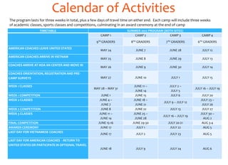 Calendar of Activities
The program lasts for three weeks in total, plus a few days of travel time on either end. Each camp will include three weeks
of academic classes, sports classes and competitions, culminating in an award ceremony at the end of camp
                      TIMETABLE                                                        SUMMER 2012 PROGRAM (BOTH SITES)
                                                                   CAMP 1                 CAMP 2              CAMP 3                         CAMP 4
                                                                9TH GRADERS               8TH GRADERS              7TH GRADERS            6TH GRADERS
AMERICAN COACHES LEAVE UNITED STATES
                                                                   MAY 24                       JUNE 7               JUNE 28                 JULY 12
AMERICAN COACHES ARRIVE IN VIETNAM
                                                                   MAY 25                       JUNE 8               JUNE 29                 JULY 13
COACHES ARRIVE AT HOA AN CENTER AND MOVE IN
                                                                   MAY 26                       JUNE 9               JUNE 30                 JULY 14
COACHES ORIENTATION, REGISTRATION AND PRE-
CAMP SURVEYS                                                       MAY 27                       JUNE 10               JULY 1                 JULY 15

WEEK 1 CLASSES                                                                              JUNE 11 –                JULY 2 –
                                                              MAY 28 – MAY 31                                                           JULY 16 – JULY 19
                                                                                             JUNE 14                  JULY 5
WEEK 1 COMPETITION                                                   JUNE 1                  JUNE 15                  JULY 6                 JULY 20
WEEK 2 CLASSES                                                     JUNE 4 –                 JUNE 18 –                                       JULY 23 –
                                                                                                                 JULY 9 – JULY 12
                                                                    JUNE 7                   JUNE 21                                         JULY 26
WEEK 2 COMPETITION                                                  JUNE 8                   JUNE 22                  JULY 13                JULY 27
WEEK 3 CLASSES                                                     JUNE 11 –                JUNE 25 –                                       JULY 30 –
                                                                                                                 JULY 16 – JULY 19
                                                                    JUNE 14                  JUNE 28                                          AUG 2
FINAL COMPETITION                                                 JUNE 15-16               JUNE 29-30               JULY 20-21               AUG 3-4
AWARDS CEREMONY                                                     JUNE 17                   JULY 1                 JULY 22                  AUG 5
LAST DAY FOR VIETNAMESE COACHES
                                                                   JUNE 17                      JULY 2                JULY 23                 AUG 5
   The dates apply to programs held at both Hoa An High School and Thuan Hung Middle School.
LAST DAY FOR AMERICAN COACHES - RETURN TO
  Camps 1 and OR PARTICIPATE IN OPTIONAL TRAVEL
UNITED STATES2, 3 and 4 overlap by one week to accommodate the schedules of Vietnamese middle schools as well as Vietnamese and American universities.
   There are enough classrooms at the middle school sites to enable two camps to operate simultaneously, using opposite schedules.
                                                                     JUNE 18                   JULY 9                    JULY 24            AUG 6
 