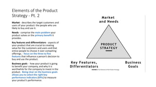 Elements of the Product
Strategy - Pt. 2
Market - describes the target customers and
users of your product: the people who are
likely to buy and use it.
Needs - comprise the main problem your
product solves or the primary benefit it
provides.
Key features and differentiators - aspects of
your product that are crucial to creating
value for the customers and users and that
entice people to choose it over competing
offerings. - focus on the three to five
features that influence a person’s decision to
buy and use the product.
Business goals - how your product is going
to benefit your company, and why it is
worthwhile for the company to invest in the
product. Being clear on the business goals
allows you to select the right key
performance indicators (KPIs) to measure
your product’s performance.
 