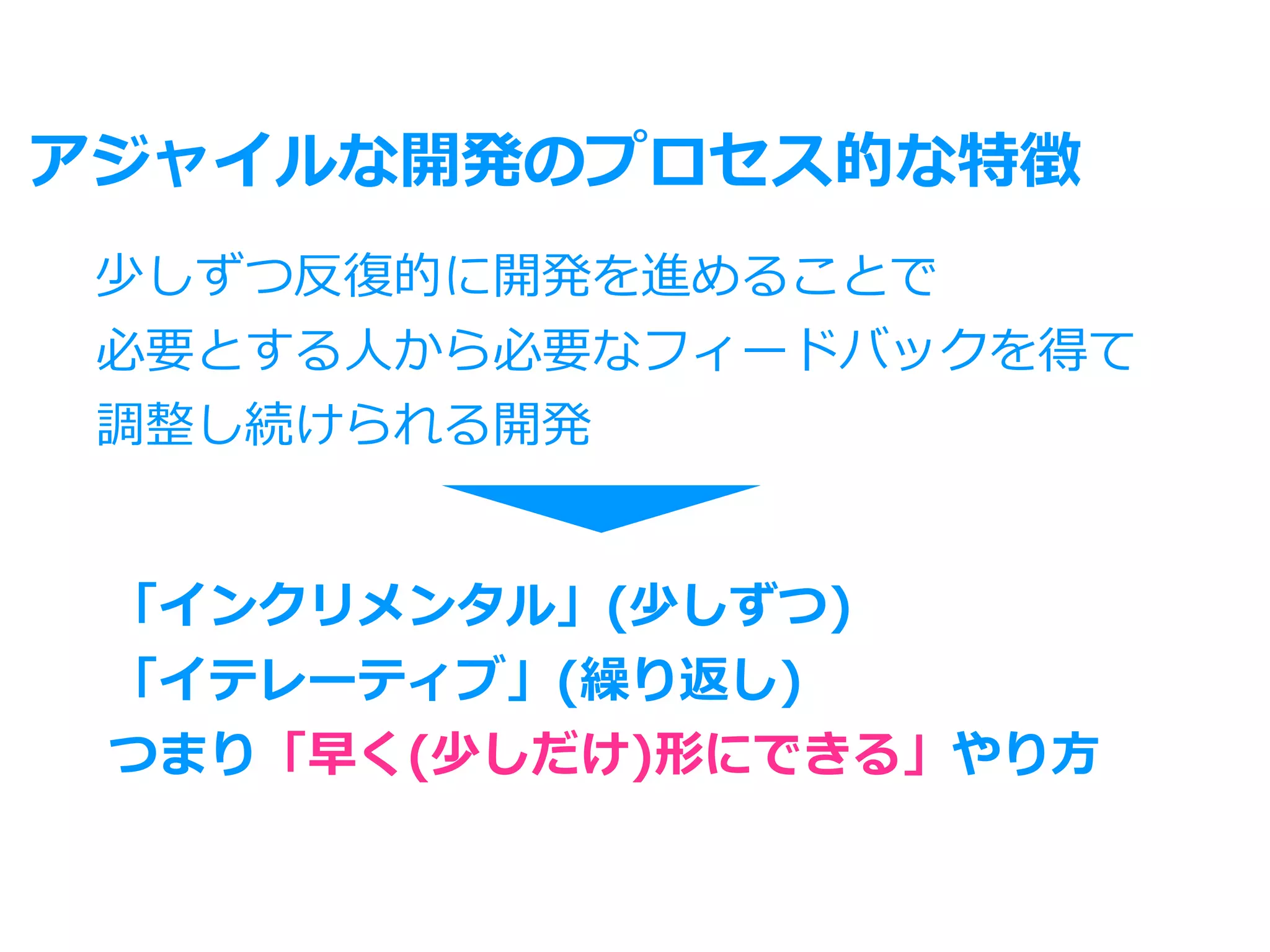 アジャイルな開発のプロセス的な特徴
少しずつ反復的に開発を進めることで
必要とする⼈から必要なフィードバックを得て
調整し続けられる開発
「インクリメンタル」(少しずつ)
「イテレーティブ」(繰り返し)
つまり「早く(少しだけ)形にできる」やり⽅
 