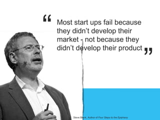 Most start ups fail because
they didn’t develop their
market - not because they
didn’t develop their product
“
”
Steve Blank, Author of Four Steps to the Epiphany
 