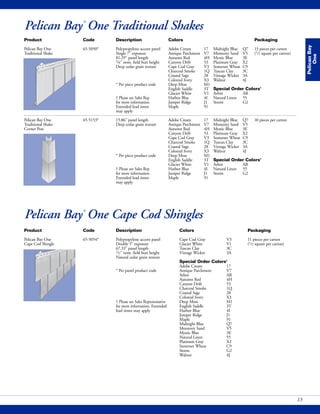 PelicanBay
One
13
Pelican Bay®
One Traditional Shakes
Product Code Description Colors Packaging
Pelican Bay One 65-5050* Polypropylene accent panel Adobe Cream 17 Midnight Blue Q7 13 pieces per carton
Traditional Shake Single 7" exposure Antique Parchment V7 Monterey Sand V5 (1/2 square per carton)
81.29" panel length Autumn Red 4H Mystic Blue 3E
5/8" nom. field butt height Canyon Drift 53 Platinum Gray X2
Deep cedar grain texture Cape Cod Gray V3 Somerset Wheat C9
Charcoal Smoke 1Q Tuscan Clay 3C
Coastal Sage 28 Vintage Wicker 3A
Colonial Ivory X3 Walnut 4J
* Per piece product code Deep Moss M1
English Saddle 3T Special Order Colors†
Glacier White V1 Arbor AR
† Please see Sales Rep Harbor Blue 4I Natural Linen 55
for more information. Juniper Ridge J1 Storm G2
Extended lead times Maple 91
may apply
Pelican Bay One 65-5153* 15.86" panel length Adobe Cream 17 Midnight Blue Q7 10 pieces per carton
Traditional Shake Deep cedar grain texture Antique Parchment V7 Monterey Sand V5
Corner Post Autumn Red 4H Mystic Blue 3E
Canyon Drift 53 Platinum Gray X2
Cape Cod Gray V3 Somerset Wheat C9
Charcoal Smoke 1Q Tuscan Clay 3C
Coastal Sage 28 Vintage Wicker 3A
Colonial Ivory X3 Walnut 4J
* Per piece product code Deep Moss M1
English Saddle 3T Special Order Colors†
Glacier White V1 Arbor AR
† Please see Sales Rep Harbor Blue 4I Natural Linen 55
for more information. Juniper Ridge J1 Storm G2
Extended lead times Maple 91
may apply
Product Code Description Colors Packaging
Pelican Bay One 65-5054* Polypropylene accent panel Cape Cod Gray V3 11 pieces per carton
Cape Cod Shingle Double 5" exposure Glacier White V1 (1/2 square per carton)
67.33" panel length Tuscan Clay 3C
1/2" nom. field butt height Vintage Wicker 3A
Natural cedar grain texture
Special Order Colors†
Adobe Cream 17
* Per panel product code Antique Parchment V7
Arbor AR
Autumn Red 4H
Canyon Drift 53
Charcoal Smoke 1Q
Coastal Sage 28
Colonial Ivory X3
† Please see Sales Representative Deep Moss M1
for more information. Extended English Saddle 3T
lead times may apply Harbor Blue 4I
Juniper Ridge J1
Maple 91
Midnight Blue Q7
Monterey Sand V5
Mystic Blue 3E
Natural Linen 55
Platinum Gray X2
Somerset Wheat C9
Storm G2
Walnut 4J
Pelican Bay®
One Cape Cod Shingles
 