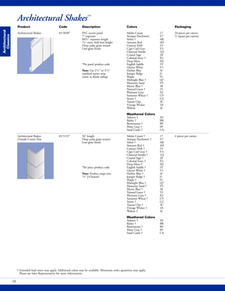 Architectural
Classics
16
Architectural Shakes™
† Extended lead times may apply. Additional colors may be available. Minimum order quantities may apply.
Please see Sales Representative for more information.
Product Code Description Colors Packaging
Architectural Shakes 65-5020* PVC accent panel Adobe Cream 17 34 pieces per carton
7" exposure Antique Parchment V7 (1 square per carton)
603/4" exposure length Arbor † AR
3/4" nom. field butt height Autumn Red 4H
Deep cedar grain texture Canyon Drift 53
Low-gloss finish Cape Cod Gray V3
Charcoal Smoke 1Q
Coastal Sage 28
Colonial Ivory † X3
Deep Moss M1
*Per panel product code English Saddle 3T
Glacier White V1
Note: Use 21/2" or 31/2" Harbor Blue 4I
standard starter strip Juniper Ridge J1
(same as Alside siding) Maple 91
Midnight Blue † Q7
Monterey Sand V5
Mystic Blue † 3E
Natural Linen † 55
Platinum Gray X2
Somerset Wheat † C9
Storm † G2
Tuscan Clay 3C
Vintage Wicker 3A
Walnut 4J
Weathered Colors
Auburn † A9
Barley † BR
Brownstone † B9
Misty Gray † 09
Sand Castle † CA
Architectural Shakes 65-5131* 56" length Adobe Cream † 17 4 pieces per carton
Outside Corner Post Deep cedar grain texture Antique Parchment † V7
Low-gloss finish Arbor † AR
Autumn Red † 4H
Canyon Drift † 53
Cape Cod Gray † V3
Charcoal Smoke † 1Q
Coastal Sage † 28
Colonial Ivory † X3
Deep Moss † M1
*Per piece product code English Saddle † 3T
Glacier White † V1
Note: Product snaps into Harbor Blue † 4I
3/4" J-Channel Juniper Ridge † J1
Maple † 91
Midnight Blue † Q7
Monterey Sand † V5
Mystic Blue † 3E
Natural Linen † 55
Platinum Gray † X2
Somerset Wheat † C9
Storm † G2
Tuscan Clay † 3C
Vintage Wicker † 3A
Walnut † 4J
Weathered Colors
Auburn † A9
Barley † BR
Brownstone † B9
Misty Gray † 09
Sand Castle † CA
 