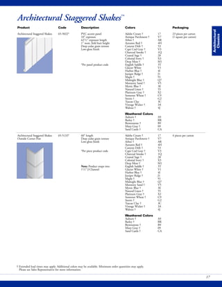 Architectural
Classics
17
† Extended lead times may apply. Additional colors may be available. Minimum order quantities may apply.
Please see Sales Representative for more information.
Architectural Staggered Shakes™
Product Code Description Colors Packaging
Architectural Staggered Shakes 65-5022* PVC accent panel Adobe Cream † 17 23 pieces per carton
10" exposure Antique Parchment † V7 (1 square per carton)
621/2" exposure length Arbor † AR
1" nom. field butt height Autumn Red † 4H
Deep cedar grain texture Canyon Drift † 53
Low-gloss finish Cape Cod Gray † V3
Charcoal Smoke † 1Q
Coastal Sage † 28
Colonial Ivory † X3
Deep Moss † M1
*Per panel product code English Saddle † 3T
Glacier White V1
Harbor Blue † 4I
Juniper Ridge † J1
Maple † 91
Midnight Blue † Q7
Monterey Sand † V5
Mystic Blue † 3E
Natural Linen † 55
Platinum Gray † X2
Somerset Wheat † C9
Storm † G2
Tuscan Clay 3C
Vintage Wicker † 3A
Walnut † 4J
Weathered Colors
Auburn † A9
Barley † BR
Brownstone † B9
Misty Gray † 09
Sand Castle † CA
Architectural Staggered Shakes 65-5133* 60" length Adobe Cream † 17 4 pieces per carton
Outside Corner Post Deep cedar grain texture Antique Parchment † V7
Low-gloss finish Arbor † AR
Autumn Red † 4H
Canyon Drift † 53
*Per piece product code Cape Cod Gray † V3
Charcoal Smoke † 1Q
Coastal Sage † 28
Colonial Ivory † X3
Deep Moss † M1
Note: Product snaps into English Saddle † 3T
11/2" J-Channel Glacier White † V1
Harbor Blue † 4I
Juniper Ridge † J1
Maple † 91
Midnight Blue † Q7
Monterey Sand † V5
Mystic Blue † 3E
Natural Linen † 55
Platinum Gray † X2
Somerset Wheat † C9
Storm † G2
Tuscan Clay † 3C
Vintage Wicker † 3A
Walnut † 4J
Weathered Colors
Auburn † A9
Barley † BR
Brownstone † B9
Misty Gray † 09
Sand Castle † CA
 