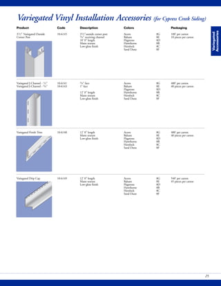 Variegated
Accessories
25
Variegated Vinyl Installation Accessories (for Cypress Creek Siding)
Product Code Description Colors Packaging
31/2" Variegated Outside 10-6145 31/2"outside corner post Acorn 8G 100' per carton
Corner Post 3/4" receiving channel Balsam 8E 10 pieces per carton
10' 0" length Flagstone 8D
Matte texture Hawthorne 8B
Low-gloss finish Hemlock 8C
Sand Dune 8F
Variegated J-Channel - 1/2" 10-6141 3/4" face Acorn 8G 480' per carton
Variegated J-Channel - 3/4" 10-6143 1" face Balsam 8E 40 pieces per carton
Flagstone 8D
12' 0" length Hawthorne 8B
Matte texture Hemlock 8C
Low-gloss finish Sand Dune 8F
Variegated Finish Trim 10-6148 12' 0" length Acorn 8G 480' per carton
Matte texture Balsam 8E 40 pieces per carton
Low-gloss finish Flagstone 8D
Hawthorne 8B
Hemlock 8C
Sand Dune 8F
Variegated Drip Cap 10-6149 12' 0" length Acorn 8G 540' per carton
Matte texture Balsam 8E 45 pieces per carton
Low-gloss finish Flagstone 8D
Hawthorne 8B
Hemlock 8C
Sand Dune 8F
 