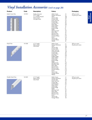 Vinyl
Accessories
27
Vinyl Installation Accessories (con’t on page 28)
Product Code Description Colors Packaging
Inside Corner Post 10-5053 Inside corner post Adobe Cream 17 100' per carton
10' 0" length Antique Parchment V7 10 pieces per carton
3/4" receiving channel Arbor AR
Matte texture Autumn Red 4H
Low-gloss finish Canyon Drift 53
Cape Cod Gray V3
Coastal Sage 28
Colonial Ivory X3
Deep Moss M1
Glacier White V1
Harbor Blue 4I
Juniper Ridge J1
Maple 91
Monterey Sand V5
Mystic Blue 3E
Natural Linen 55
Platinum Gray X2
Somerset Wheat C9
Storm G2
Tuscan Clay 3C
Vintage Wicker 3A
Walnut 4J
Finish Trim 10-5200 12' 6" length Adobe Cream 17 500' per carton
Matte texture Antique Parchment V7 40 pieces per carton
Gloss finish Arbor AR
Autumn Red 4H
Canyon Drift 53
Cape Cod Gray V3
Charcoal Smoke 1Q
Coastal Sage 28
Colonial Ivory X3
Deep Moss M1
English Saddle 3T
Glacier White V1
Harbor Blue 4I
Juniper Ridge J1
Maple 91
Midnight Blue Q7
Monterey Sand V5
Mystic Blue 3E
Natural Linen 55
Platinum Gray X2
Somerset Wheat C9
Storm G2
Tuscan Clay 3C
Vintage Wicker 3A
Walnut 4J
Double Finish Trim 10-5205 12' 6" length Adobe Cream 17 250' per carton
Matte texture Antique Parchment V7 20 pieces per carton
Gloss finish Autumn Red 4H
Cape Cod Gray V3
Coastal Sage 28
Colonial Ivory X3
Glacier White V1
Harbor Blue 4I
Juniper Ridge J1
Maple 91
Monterey Sand V5
Mystic Blue 3E
Natural Linen 55
Platinum Gray X2
Storm G2
Tuscan Clay 3C
Vintage Wicker 3A
 