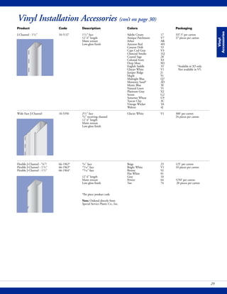 Vinyl
Accessories
29
Vinyl Installation Accessories (con’t on page 30)
Product Code Description Colors Packaging
J-Channel - 11/2" 10-5137 11/2" face Adobe Cream 17 337.5' per carton
12' 6" length Antique Parchment V7 27 pieces per carton
Matte texture Arbor AR
Low-gloss finish Autumn Red 4H
Canyon Drift 53
Cape Cod Gray V3
Charcoal Smoke 1Q
Coastal Sage 28
Colonial Ivory X3
Deep Moss M1
English Saddle 3T *Available in 3D only.
Glacier White V1 Not available in V5.
Juniper Ridge J1
Maple 91
Midnight Blue Q7
Monterey Sand* 3D
Mystic Blue 3E
Natural Linen 55
Platinum Gray X2
Storm G2
Somerset Wheat C9
Tuscan Clay 3C
Vintage Wicker 3A
Walnut 4J
Wide Face J-Channel 10-5350 21/2" face Glacier White V1 300' per carton
3/4" receiving channel 24 pieces per carton
12' 6" length
Matte texture
Low-gloss finish
Flexible J-Channel - 5/8"† 66-1962* 3/4" face Beige 23 125' per carton
Flexible J-Channel - 11/4" 66-1963* 15/16" face Bright White V1 10 pieces per carton
Flexible J-Channel - 11/2" 66-1964* 15/16" face Bronze 92
Flat White 01
12' 6" length Gray 10
Matte texture Pewter 64 †250' per carton
Low-gloss finish Tan 74 20 pieces per carton
*Per piece product code
Note: Ordered directly from
Special Service Plastic Co., Inc.
 