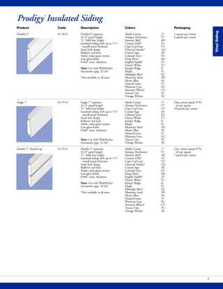 Prodigy®
Insulated Siding
Product Code Description Colors Packaging
Double 6" 01-5614 Double 6"exposure Adobe Cream 17 1 square per carton
16' 8" panel length Antique Parchment V7 6 panels per carton
3/4" field butt height Autumn Red* 4H
Insulated siding with up to 11/2" Canyon Drift* 53
overall panel thickness Cape Cod Gray V3
Stack lock design Charcoal Smoke* 1Q
Rollover nail hem Coastal Sage 28
Subtle cedar grain texture Colonial Ivory X3
Low-gloss finish Deep Moss* M1
0.046" nom. thickness English Saddle* 3T
Glacier White V1
Note: Use with WidePocket Juniper Ridge J1
Accessories (pgs. 22-24) Maple 91
Midnight Blue* Q7
*Not available in all areas Monterey Sand 3D
Mystic Blue 3E
Natural Linen 55
Platinum Gray X2
Somerset Wheat* C9
Tuscan Clay 3C
Vintage Wicker 3A
Single 7" 01-5714 Single 7"exposure Adobe Cream 17 One carton equals 97%
16' 8" panel length Antique Parchment V7 of one square
3/4" field butt height Cape Cod Gray V3 10 panels per carton
Insulated siding with up to 11/8" Coastal Sage 28
overall panel thickness Colonial Ivory X3
Stack lock design Glacier White V1
Rollover nail hem Juniper Ridge J1
Subtle cedar grain texture Maple 91
Low-gloss finish Monterey Sand 3D
0.046" nom. thickness Mystic Blue 3E
Natural Linen 55
Platinum Gray X2
Note: Use with WidePocket Tuscan Clay 3C
Accessories (pgs. 22-24) Vintage Wicker 3A
Double 5" Dutch Lap 01-5514 Double 5"exposure Adobe Cream 17 One carton equals 97%
16' 8" panel length Antique Parchment V7 of one square
3/4" field butt height Autumn Red* 4H 7 panels per carton
Insulated siding with up to 11/2" Canyon Drift* 53
overall panel thickness Cape Cod Gray V3
Stack lock design Charcoal Smoke* 1Q
Rollover nail hem Coastal Sage 28
Subtle cedar grain texture Colonial Ivory X3
Low-gloss finish Deep Moss* M1
0.046" nom. thickness English Saddle* 3T
Glacier White V1
Note: Use with WidePocket Juniper Ridge J1
Accessories (pgs. 22-24) Maple 91
Midnight Blue* Q7
*Not available in all areas Monterey Sand 3D
Mystic Blue 3E
Natural Linen 55
Platinum Gray X2
Somerset Wheat* C9
Tuscan Clay 3C
Vintage Wicker 3A
3
VinylSiding
 