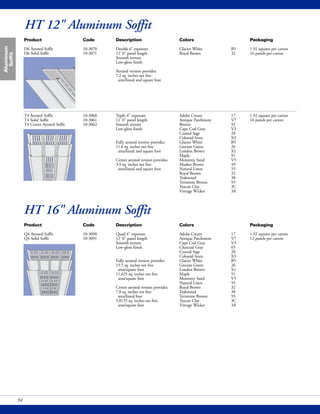 HT 12" Aluminum Soffit
Aluminum
Soffit
34
Product Code Description Colors Packaging
D6 Aerated Soffit 10-3070 Double 6"exposure Glacier White B5 1.92 squares per carton
D6 Solid Soffit 10-3071 12' 0" panel length Royal Brown 32 16 panels per carton
Smooth texture
Low-gloss finish
Aerated version provides:
7.2 sq. inches net free
area/lineal and square foot
T4 Aerated Soffit 10-3060 Triple 4" exposure Adobe Cream 17 1.92 squares per carton
T4 Solid Soffit 10-3061 12' 0" panel length Antique Parchment V7 16 panels per carton
T4 Center Aerated Soffit 10-3062 Smooth texture Bronze 92
Low-gloss finish Cape Cod Gray V3
Coastal Sage 28
Colonial Ivory X3
Fully aerated version provides: Glacier White B5
11.6 sq. inches net free Grecian Green 26
area/lineal and square foot London Brown X1
Maple 91
Center aerated version provides: Monterey Sand V5
3.9 sq. inches net free Musket Brown 49
area/lineal and square foot Natural Linen 55
Royal Brown 32
Teakwood 38
Terratone Bronze 93
Tuscan Clay 3C
Vintage Wicker 3A
Product Code Description Colors Packaging
Q4 Aerated Soffit 10-3090 Quad 4" exposure Adobe Cream 17 1.92 squares per carton
Q4 Solid Soffit 10-3091 12' 0" panel length Antique Parchment V7 12 panels per carton
Smooth texture Cape Cod Gray V3
Low-gloss finish Charcoal Gray 65
Coastal Sage 28
Colonial Ivory X3
Fully aerated version provides: Glacier White B5
15.5 sq. inches net free Grecian Green 26
area/square foot London Brown X1
11.625 sq. inches net free Maple 91
area/square foot Monterey Sand V5
Natural Linen 55
Center aerated version provides: Royal Brown 32
7.8 sq. inches net free Teakwood 38
area/lineal foot Terratone Bronze 93
5.8125 sq. inches net free Tuscan Clay 3C
area/square foot Vintage Wicker 3A
HT 16" Aluminum Soffit
 