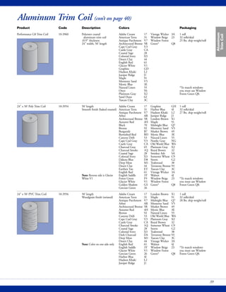 Aluminum
TrimCoil
39
Aluminum Trim Coil (con’t on page 40)
Product Code Description Colors Packaging
Performance G8 Trim Coil 10-3960 Polyester coated Adobe Cream 17 Vintage Wicker 3A 1 roll
aluminum trim coil American Terra 31 Window Beige 23 32 rolls/skid
.019" thickness Antique Parchment V7 Window Forest 25 lbs. ship weight/roll
24" width, 50' length Architectural Bronze 5R Green* Q8
Cape Cod Gray V3
Castle Gray CA
Coastal Sage 28
Colonial Ivory X3
Desert Clay 44
English Red 61
Glacier White V1
Graphite GD
Hudson Khaki L2
Juniper Ridge J1
Maple 91
Monterey Sand V5
Mystic Blue 3E
Natural Linen 55 *To match windows
Onyx Y6 you must use Window
Platinum Gray X2 Forest Green Q8.
Sand Dune 62
Tuscan Clay 3C
24" x 50' Poly Trim Coil 10-3954 50' length Adobe Cream 17 Graphite GH 1 roll
Smooth finish (baked enamel) American Terra 31 Harbor Blue 4I 32 rolls/skid
Antique Parchment V7 Hudson Khaki L2 27 lbs. ship weight/roll
Arbor AR Juniper Ridge J1
Architectural Bronze 5R London Brown X1
Autumn Red 4H Maple 91
Black 70 Midnight Blue Q7
Bronze 92 Monterey Sand V5
Burgundy B7 Musket Brown 49
Burnished Red BD Mystic Blue 3E
Canyon Drift 53 Natural Linen 55
Cape Cod Gray V3 Nordic Gray NG
Castle Gray CA Old World Blue W6
Charcoal Gray 65 Platinum Gray X2
Charcoal Smoke 1Q Royal Brown 32
Coastal Sage 28 Smokey Ash SA
Colonial Ivory X3 Somerset Wheat C9
Dakota Blue D8 Storm G2
Deep Moss M1 Teakwood 38
Desert Clay 44 Terratone Bronze 93
Earthen Tan ET Tuscan Clay 3C
English Red 61 Vintage Wicker 3A
Note: Reverse side is Glacier English Saddle 3T Walnut 4J
White V1 Forest Green F9 Window Beige 23 *To match windows
Glacier White V1 Window Forest you must use Window
Golden Shadow GS Green* Q8 Forest Green Q8.
Grecian Green 26
24" x 50' PVC Trim Coil 10-3956 50' length Adobe Cream 17 London Brown X1 1 roll
Woodgrain finish (striated) American Terra 31 Maple 91 32 rolls/skid
Antique Parchment V7 Midnight Blue Q7 28 lbs. ship weight/roll
Arbor AR Monterey Sand V5
Architectural Bronze 5R Musket Brown 49
Autumn Red 4H Mystic Blue 3E
Bronze 92 Natural Linen 55
Canyon Drift 53 Old World Blue W6
Cape Cod Gray V3 Platinum Gray X2
Castle Gray CA Royal Brown 32
Charcoal Smoke 1Q Somerset Wheat C9
Coastal Sage 28 Storm G2
Colonial Ivory X3 Teakwood 38
Dark Charcoal D4 Terratone Bronze 93
Deep Moss M1 Tuscan Clay 3C
Desert Clay 44 Vintage Wicker 3A
Note: Color on one side only English Red 61 Walnut 4J
English Saddle 3T Window Beige 23 *To match windows
Glacier White V1 Window Forest you must use Window
Grecian Green 26 Green* Q8 Forest Green Q8.
Harbor Blue 4I
Hudson Khaki L2
Juniper Ridge J1
 
