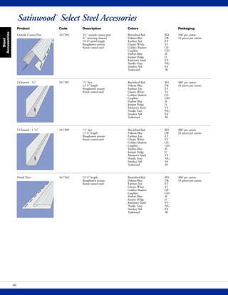 Satinwood®
Select Steel Accessories
Product Code Description Colors Packaging
Outside Corner Post 10-7305 2½" outside corner post Burnished Red BD 100' per carton
¾" receiving channel Dakota Blue D8 10 pieces per carton
10' 0" panel length Earthen Tan ET
Roughsawn texture Glacier White V1
Kynar coated steel Golden Shadow GS
Graphite GH
Harbor Blue 4I
Juniper Ridge J1
Monterey Sand V5
Nordic Gray NG
Smokey Ash SA
Teakwood 38
J-Channel - 3/4" 10-7307 1/2" face Burnished Red BD 300' per carton
12' 6" length Dakota Blue D8 24 pieces per carton
Roughsawn texture Earthen Tan ET
Kynar coated steel Glacier White V1
Golden Shadow GS
Graphite GH
Harbor Blue 4I
Juniper Ridge J1
Monterey Sand V5
Nordic Gray NG
Smokey Ash SA
Teakwood 38
J-Channel - 1 1/8" 10-7309 1/2" face Burnished Red BD 300' per carton
12' 6" length Dakota Blue D8 24 pieces per carton
Roughsawn texture Earthen Tan ET
Kynar coated steel Glacier White V1
Golden Shadow GS
Graphite GH
Harbor Blue 4I
Juniper Ridge J1
Monterey Sand V5
Nordic Gray NG
Smokey Ash SA
Teakwood 38
Finish Trim 10-7342 12' 6" length Burnished Red BD 300' per carton
Roughsawn texture Dakota Blue D8 24 pieces per carton
Kynar coated steel Earthen Tan ET
Glacier White V1
Golden Shadow GS
Graphite GH
Harbor Blue 4I
Juniper Ridge J1
Monterey Sand V5
Nordic Gray NG
Smokey Ash SA
Teakwood 38
Steel
Accessories
46
 