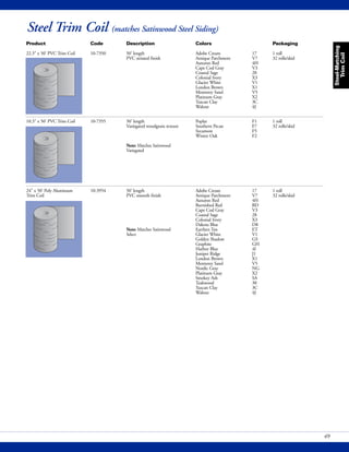 Steel Trim Coil (matches Satinwood Steel Siding)
Steel-Matching
TrimCoil
Product Code Description Colors Packaging
22.3" x 50' PVC Trim Coil 10-7350 50' length Adobe Cream 17 1 roll
PVC striated finish Antique Parchment V7 32 rolls/skid
Autumn Red 4H
Cape Cod Gray V3
Coastal Sage 28
Colonial Ivory X3
Glacier White V1
London Brown X1
Monterey Sand V5
Platinum Gray X2
Tuscan Clay 3C
Walnut 4J
10.3" x 50' PVC Trim Coil 10-7355 50' length Poplar F1 1 roll
Variegated woodgrain texture Southern Pecan F7 32 rolls/skid
Sycamore F5
Winter Oak F2
Note: Matches Satinwood
Variegated
24" x 50' Poly Aluminum 10-3954 50' length Adobe Cream 17 1 roll
Trim Coil PVC smooth finish Antique Parchment V7 32 rolls/skid
Autumn Red 4H
Burnished Red BD
Cape Cod Gray V3
Coastal Sage 28
Colonial Ivory X3
Dakota Blue D8
Note: Matches Satinwood Earthen Tan ET
Select Glacier White V1
Golden Shadow GS
Graphite GH
Harbor Blue 4I
Juniper Ridge J1
London Brown X1
Monterey Sand V5
Nordic Gray NG
Platinum Gray X2
Smokey Ash SA
Teakwood 38
Tuscan Clay 3C
Walnut 4J
49
 
