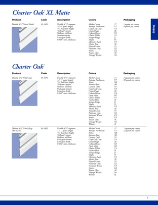 5
Siding
Charter Oak®
XL Matte
Product Code Description Colors Packaging
Double 41/2" Oak Grain 01-5451 Double 41/2"exposure Adobe Cream 17 2 squares per carton
12' 1" panel length Antique Parchment V7 22 panels per carton
3/4" field butt height Arbor AR
TriBeam®
system Autumn Red 4H
Rollover nail hem Canyon Drift 53
Oak grain texture Cape Cod Gray V3
Low-gloss finish Coastal Sage 28
0.046" nom. thickness Colonial Ivory X3
Deep Moss M1
Glacier White V1
Harbor Blue 4I
Juniper Ridge J1
Maple 91
Monterey Sand V5
Mystic Blue 3E
Natural Linen 55
Platinum Gray X2
Somerset Wheat C9
Storm G2
Tuscan Clay 3C
Vintage Wicker 3A
Walnut 4J
Double 41/2" Dutch Lap 01-5452 Double 41/2"exposure Adobe Cream 17 2 squares per carton
Oak Grain 12' 1" panel length Antique Parchment V7 22 panels per carton
3/4" field butt height Arbor AR
TriBeam®
system Autumn Red 4H
Rollover nail hem Canyon Drift 53
Oak grain texture Cape Cod Gray V3
Low-gloss finish Coastal Sage 28
0.046" nom. thickness Colonial Ivory X3
Deep Moss M1
Glacier White V1
Harbor Blue 4I
Juniper Ridge J1
Maple 91
Monterey Sand V5
Mystic Blue 3E
Natural Linen 55
Platinum Gray X2
Somerset Wheat C9
Storm G2
Tuscan Clay 3C
Vintage Wicker 3A
Walnut 4J
Product Code Description Colors Packaging
Double 41/2" Matte Finish 01-5493 Double 41/2"exposure Adobe Cream 17 1 square per carton
16' 8" panel length Antique Parchment V7 8 panels per carton
3/4" field butt height Cape Cod Gray V3
TriBeam®
system Coastal Sage 28
Rollover nail hem Colonial Ivory X3
Smooth texture Glacier White V1
Low-gloss finish Juniper Ridge J1
0.046" nom. thickness Maple 91
Monterey Sand V5
Mystic Blue 3E
Natural Linen 55
Platinum Gray X2
Storm G2
Tuscan Clay 3C
Vintage Wicker 3A
Charter Oak®
 