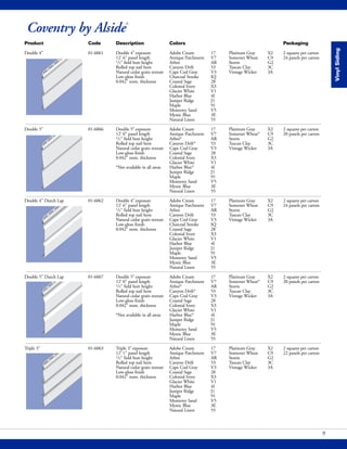 VinylSiding
9
Coventry by Alside®
Product Code Description Colors Packaging
Double 4" 01-6061 Double 4"exposure Adobe Cream 17 Platinum Gray X2 2 squares per carton
12' 6" panel length Antique Parchment V7 Somerset Wheat C9 24 panels per carton
1/2" field butt height Arbor AR Storm G2
Rolled top nail hem Canyon Drift 53 Tuscan Clay 3C
Natural cedar grain texture Cape Cod Gray V3 Vintage Wicker 3A
Low-gloss finish Charcoal Smoke IQ
0.042" nom. thickness Coastal Sage 28
Colonial Ivory X3
Glacier White V1
Harbor Blue 4I
Juniper Ridge J1
Maple 91
Monterey Sand V5
Mystic Blue 3E
Natural Linen 55
Double 5" 01-6066 Double 5"exposure Adobe Cream 17 Platinum Gray X2 2 squares per carton
12' 0" panel length Antique Parchment V7 Somerset Wheat* C9 20 panels per carton
1/2" field butt height Arbor* AR Storm G2
Rolled top nail hem Canyon Drift* 53 Tuscan Clay 3C
Natural cedar grain texture Cape Cod Gray V3 Vintage Wicker 3A
Low-gloss finish Coastal Sage 28
0.042" nom. thickness Colonial Ivory X3
Glacier White V1
*Not available in all areas Harbor Blue* 4I
Juniper Ridge J1
Maple 91
Monterey Sand V5
Mystic Blue 3E
Natural Linen 55
Double 4" Dutch Lap 01-6062 Double 4"exposure Adobe Cream 17 Platinum Gray X2 2 squares per carton
12' 6" panel length Antique Parchment V7 Somerset Wheat C9 24 panels per carton
1/2" field butt height Arbor AR Storm G2
Rolled top nail hem Canyon Drift 53 Tuscan Clay 3C
Natural cedar grain texture Cape Cod Gray V3 Vintage Wicker 3A
Low-gloss finish Charcoal Smoke IQ
0.042" nom. thickness Coastal Sage 28
Colonial Ivory X3
Glacier White V1
Harbor Blue 4I
Juniper Ridge J1
Maple 91
Monterey Sand V5
Mystic Blue 3E
Natural Linen 55
Double 5" Dutch Lap 01-6067 Double 5"exposure Adobe Cream 17 Platinum Gray X2 2 squares per carton
12' 0" panel length Antique Parchment V7 Somerset Wheat* C9 20 panels per carton
1/2" field butt height Arbor* AR Storm G2
Rolled top nail hem Canyon Drift* 53 Tuscan Clay 3C
Natural cedar grain texture Cape Cod Gray V3 Vintage Wicker 3A
Low-gloss finish Coastal Sage 28
0.042" nom. thickness Colonial Ivory X3
Glacier White V1
*Not available in all areas Harbor Blue* 4I
Juniper Ridge J1
Maple 91
Monterey Sand V5
Mystic Blue 3E
Natural Linen 55
Triple 3" 01-6063 Triple 3"exposure Adobe Cream 17 Platinum Gray X2 2 squares per carton
12' 1" panel length Antique Parchment V7 Somerset Wheat C9 22 panels per carton
1/2" field butt height Arbor AR Storm G2
Rolled top nail hem Canyon Drift 53 Tuscan Clay 3C
Natural cedar grain texture Cape Cod Gray V3 Vintage Wicker 3A
Low-gloss finish Coastal Sage 28
0.042" nom. thickness Colonial Ivory X3
Glacier White V1
Harbor Blue 4I
Juniper Ridge J1
Maple 91
Monterey Sand V5
Mystic Blue 3E
Natural Linen 55
 