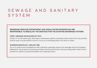 Sewerage Services Department and Indah Water Konsortium are
responsible to regulate the services for the existing sewerage systems.
STREET, DRAINAGE AND BUILDING ACT 1974
Section 57 (1): No water pipe, stack pipe or downspout used for conveying surface water from any premises
shall be used or be permitted to serve or to act as a ventilating shaft to any drain or sewer..
SEWERAGE SERVICES ACT, 1993 (ACT 508)
An act to amend and consolidate the laws relating to sewerage systems and sewerage services throughout
Malaysia for the purpose of improving sanitation and the environment and promoting public health; and to
provide for matters connected therewith and incidental threrto.
S E W A G E A N D S A N I T A R Y
S Y S T E M
 
