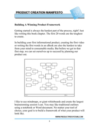 Building A Winning Product Framework

Getting started is always the hardest part of the process, right? Just
like writing this book chapter. The first 20 words are the toughest
to create.

In building your first informational product, creating the first video
or writing the first words in an eBook are also the hardest to take
from your mind to consumable media. But before we get to that
first step, we can set ourselves up to succeed by planning our
product out.




I like to use mindmaps, or giant whiteboards and create the largest
brainstorming session I can. You may like traditional outlines
using a notebook or Word document. No matter your tool of
choice, your goal is to build a framework of what your product will
look like.

                                  8
 