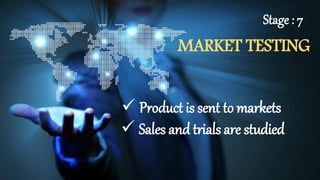 MARKET TESTING
 Product is sent to markets
 Sales and trials are studied
Stage : 7
 