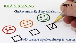 IDEA SCREENING
Check compatibility of product idea……….
…………..With company objectives, strategy & resources
Stage : 2
 