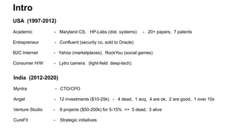 Intro
USA (1997-2012)
Academic - Maryland CS, HP-Labs (dist. systems) - 20+ papers, 7 patents
Entrepreneur - Confluent (se...