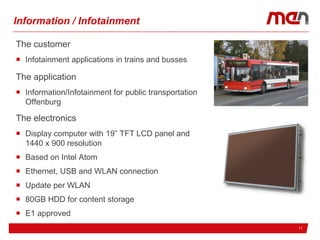 11
Information / Infotainment
The customer
 Infotainment applications in trains and busses
The application
 Information/Infotainment for public transportation
Offenburg
The electronics
 Display computer with 19” TFT LCD panel and
1440 x 900 resolution
 Based on Intel Atom
 Ethernet, USB and WLAN connection
 Update per WLAN
 80GB HDD for content storage
 E1 approved
 