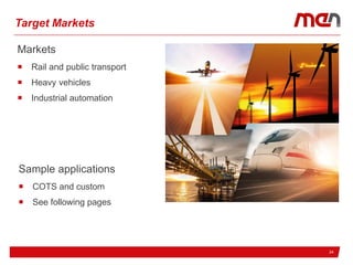 Target Markets
Markets
 Rail and public transport
 Heavy vehicles
 Industrial automation
Sample applications
 COTS and custom
 See following pages
24
 
