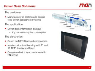 9
Driver Desk Solutions
The customer
 Manufacturer of braking and control
(e.g. driver assistance) systems
The application
 Driver desk information displays
 E.g. for monitoring fuel consumption
The electronics
 Based on MEN Standard components
 Inside customized housing with 7” and
10 TFT” display and touch
 Complete device in accordance with
EN 50155
 