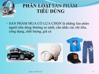 PHÂN LOẠI  SẢN PHẨM  TIÊU DÙNG SẢN PHẨM MUA CÓ LỰA CHỌN là những  Sản phẩm  người tiêu dùng thường so sánh, cân nhắc các chỉ tiêu, công dụng, chất lượng, giá cả Nhóm 1 KTNN 52C 