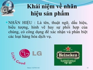 Khái niệm về nhãn hiệu sản phẩm NHÃN HIỆU : Là tên, thuật ngữ, dấu hiệu, biểu tượng, hình vẽ hay sự phối hợp của chúng, có công dụng để xác nhận và phân biệt các loại hàng hóa dịch vụ. Nhóm 1 KTNN 52C 